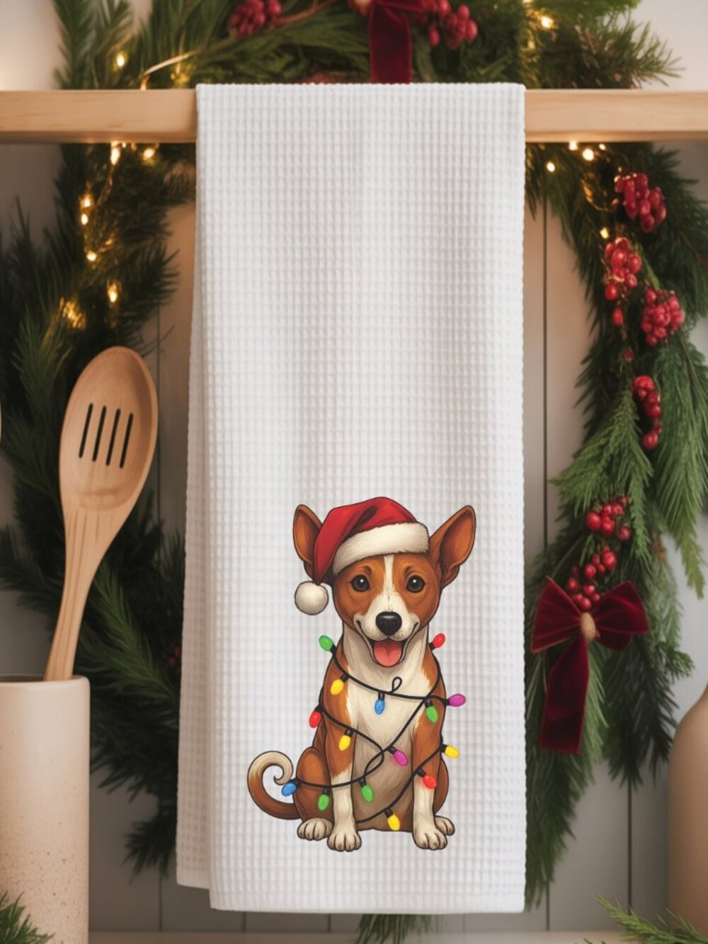 Basenji Christmas Lights Decorative Kitchen Tea Towel